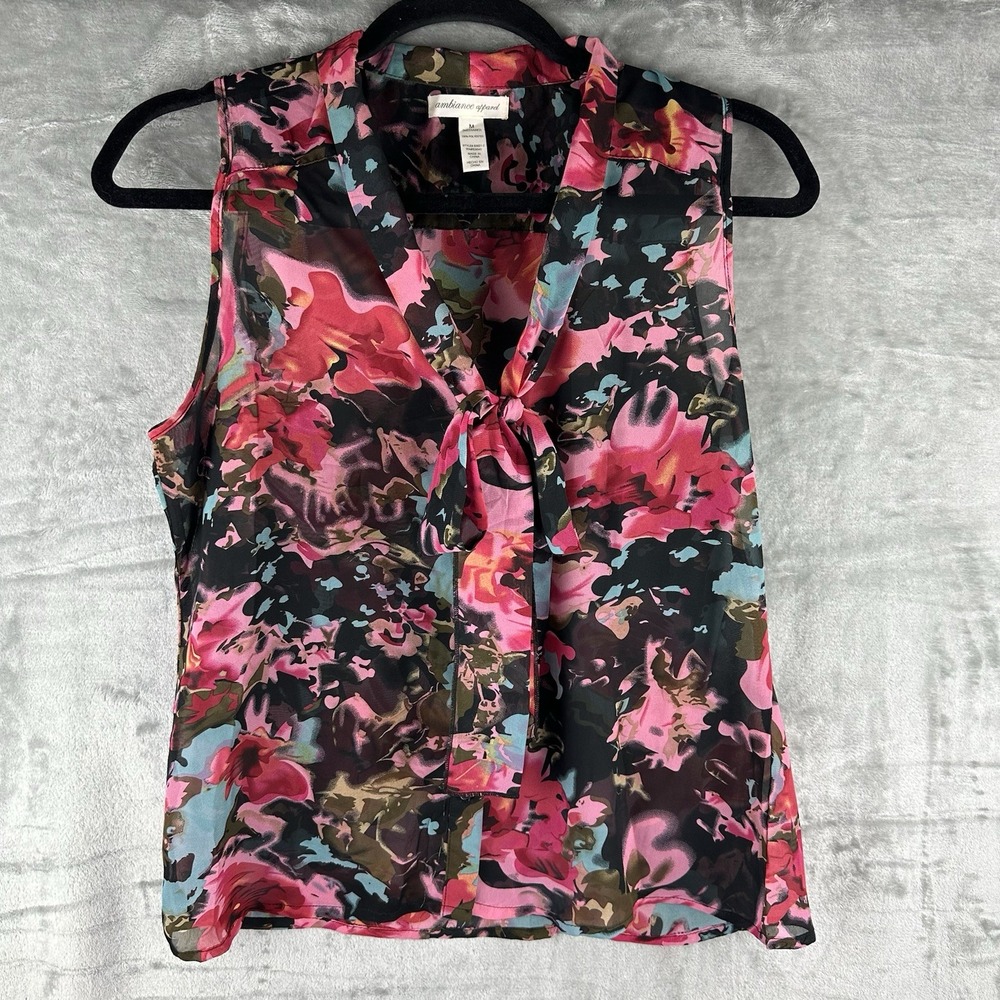 Ambiance Floral Tie-Neck Sleeveless Blouse in Black, Pink & Blue